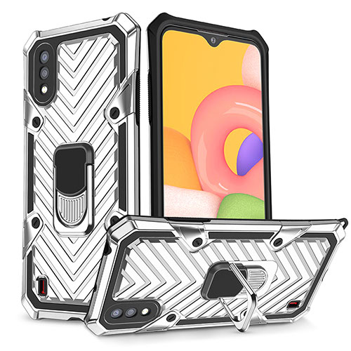 Silicone Matte Finish and Plastic Back Cover Case with Magnetic Finger Ring Stand S08 for Samsung Galaxy A01 SM-A015 Silver