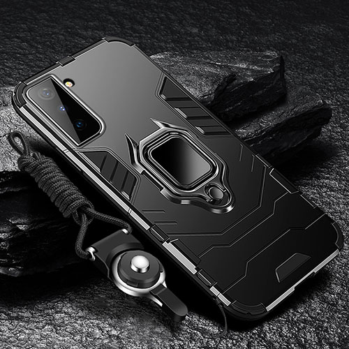 Silicone Matte Finish and Plastic Back Cover Case with Magnetic Finger Ring Stand T06 for Samsung Galaxy S21 FE 5G Black
