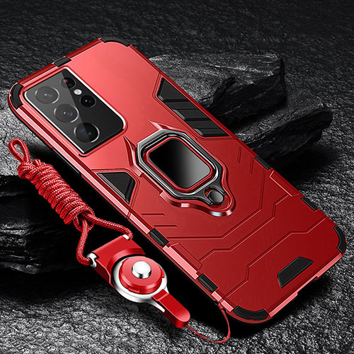 Silicone Matte Finish and Plastic Back Cover Case with Magnetic Finger Ring Stand T06 for Samsung Galaxy S22 Ultra 5G Red