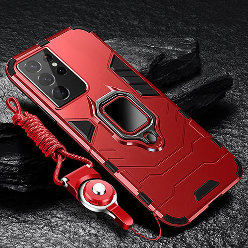 Silicone Matte Finish and Plastic Back Cover Case with Magnetic Finger Ring Stand T06 for Samsung Galaxy S23 Ultra 5G Red