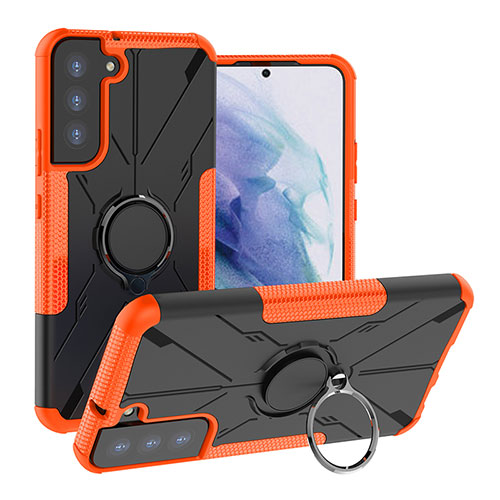 Silicone Matte Finish and Plastic Back Cover Case with Magnetic Finger Ring Stand T08 for Samsung Galaxy S21 5G Orange