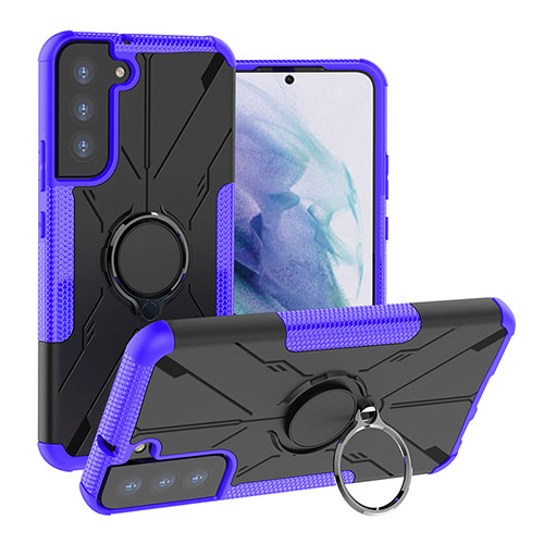 Silicone Matte Finish and Plastic Back Cover Case with Magnetic Finger Ring Stand T08 for Samsung Galaxy S21 Plus 5G Purple