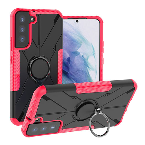 Silicone Matte Finish and Plastic Back Cover Case with Magnetic Finger Ring Stand T08 for Samsung Galaxy S22 Plus 5G Hot Pink