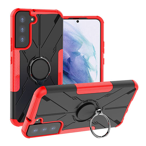 Silicone Matte Finish and Plastic Back Cover Case with Magnetic Finger Ring Stand T08 for Samsung Galaxy S22 Plus 5G Red