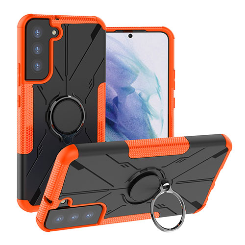 Silicone Matte Finish and Plastic Back Cover Case with Magnetic Finger Ring Stand T08 for Samsung Galaxy S23 5G Orange