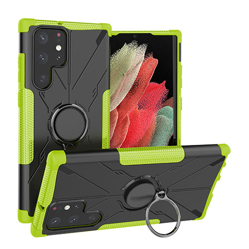 Silicone Matte Finish and Plastic Back Cover Case with Magnetic Finger Ring Stand T08 for Samsung Galaxy S23 Ultra 5G Green
