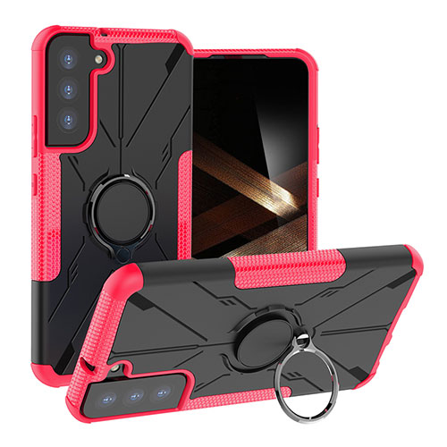 Silicone Matte Finish and Plastic Back Cover Case with Magnetic Finger Ring Stand T08 for Samsung Galaxy S24 5G Hot Pink