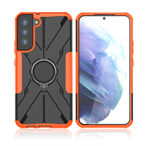 Silicone Matte Finish and Plastic Back Cover Case with Magnetic Finger Ring Stand T09 for Samsung Galaxy S21 FE 5G Orange