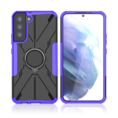 Silicone Matte Finish and Plastic Back Cover Case with Magnetic Finger Ring Stand T09 for Samsung Galaxy S22 Plus 5G Purple