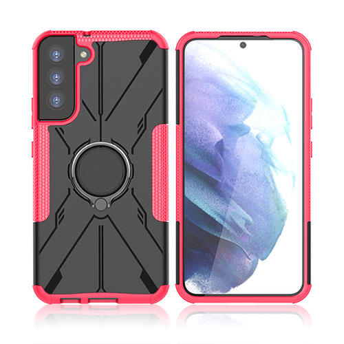 Silicone Matte Finish and Plastic Back Cover Case with Magnetic Finger Ring Stand T09 for Samsung Galaxy S23 Plus 5G Hot Pink