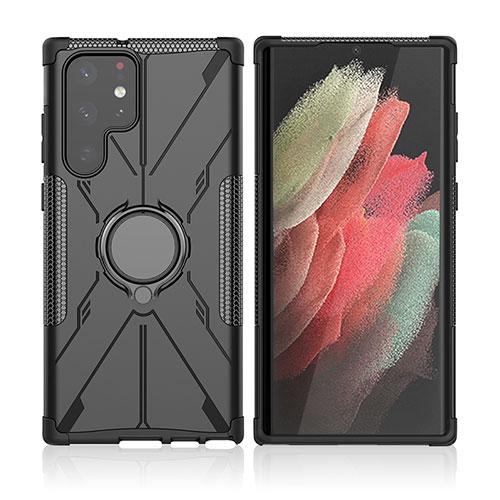 Silicone Matte Finish and Plastic Back Cover Case with Magnetic Finger Ring Stand T09 for Samsung Galaxy S23 Ultra 5G Black