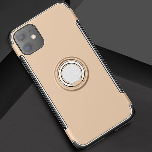 Silicone Matte Finish and Plastic Back Cover Case with Magnetic Finger Ring Stand Y01 for Apple iPhone 11 Gold