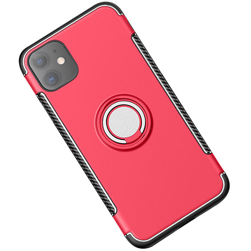 Silicone Matte Finish and Plastic Back Cover Case with Magnetic Finger Ring Stand Y01 for Apple iPhone 11 Red