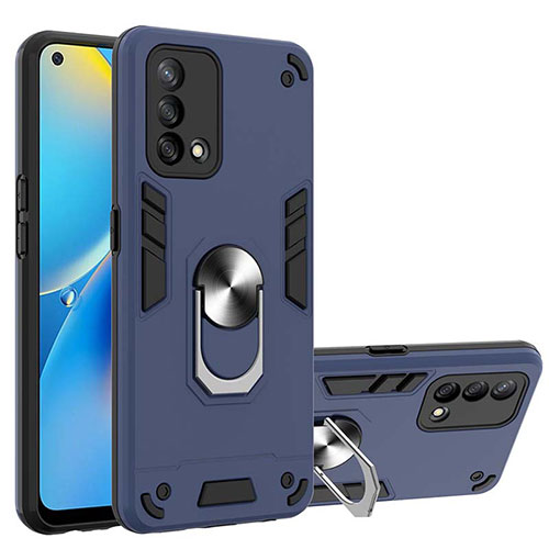 Silicone Matte Finish and Plastic Back Cover Case with Magnetic Finger Ring Stand Y01B for Oppo A95 4G Blue