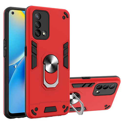Silicone Matte Finish and Plastic Back Cover Case with Magnetic Finger Ring Stand Y01B for Oppo Reno6 Lite Red