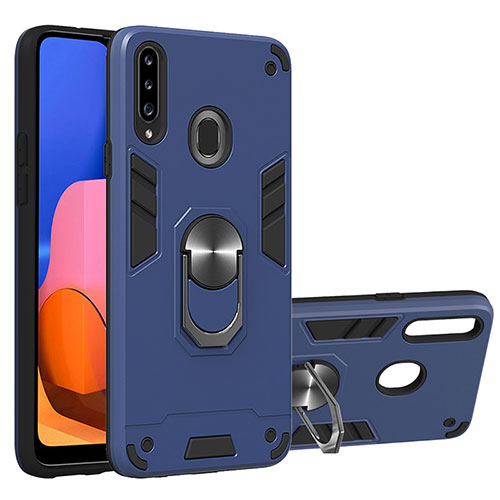 Silicone Matte Finish and Plastic Back Cover Case with Magnetic Finger Ring Stand Y01B for Samsung Galaxy A20s Blue