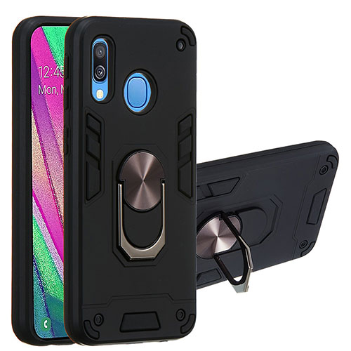 Silicone Matte Finish and Plastic Back Cover Case with Magnetic Finger Ring Stand Y01B for Samsung Galaxy A40 Black