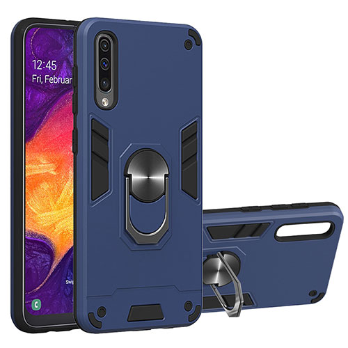 Silicone Matte Finish and Plastic Back Cover Case with Magnetic Finger Ring Stand Y01B for Samsung Galaxy A50 Blue