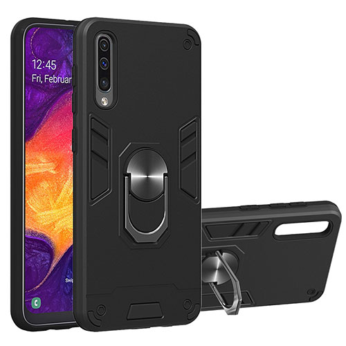 Silicone Matte Finish and Plastic Back Cover Case with Magnetic Finger Ring Stand Y01B for Samsung Galaxy A50S Black