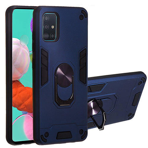 Silicone Matte Finish and Plastic Back Cover Case with Magnetic Finger Ring Stand Y01B for Samsung Galaxy A51 5G Blue