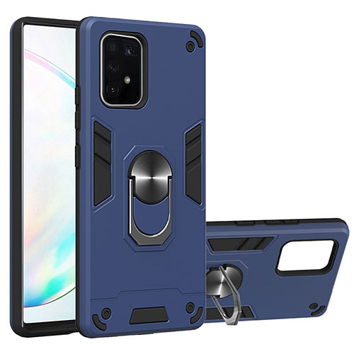 Silicone Matte Finish and Plastic Back Cover Case with Magnetic Finger Ring Stand Y01B for Samsung Galaxy A91 Blue