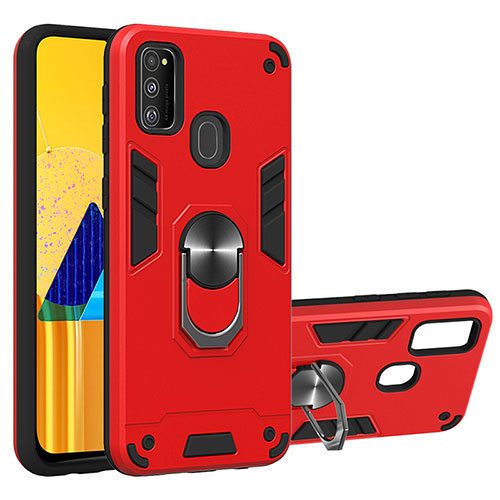 Silicone Matte Finish and Plastic Back Cover Case with Magnetic Finger Ring Stand Y01B for Samsung Galaxy M21 Red