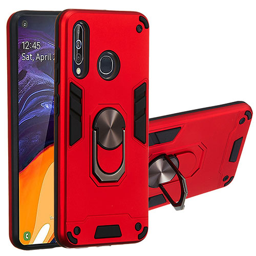 Silicone Matte Finish and Plastic Back Cover Case with Magnetic Finger Ring Stand Y01B for Samsung Galaxy M40 Red