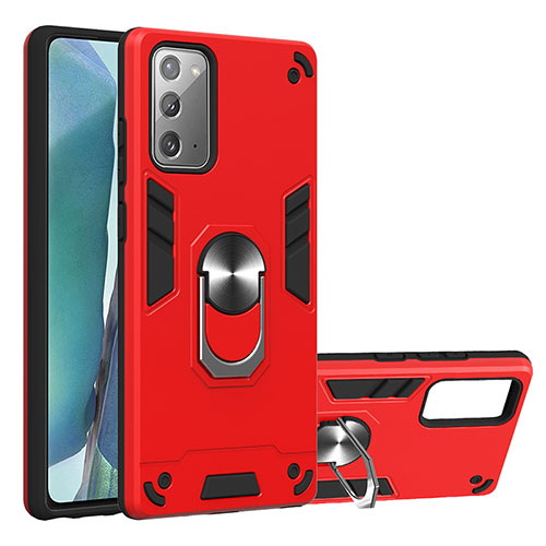 Silicone Matte Finish and Plastic Back Cover Case with Magnetic Finger Ring Stand Y01B for Samsung Galaxy Note 20 5G Red