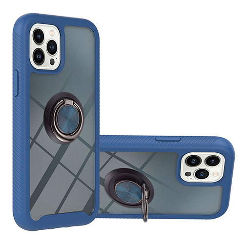 Silicone Matte Finish and Plastic Back Cover Case with Magnetic Finger Ring Stand YB1 for Apple iPhone 13 Pro Max Blue