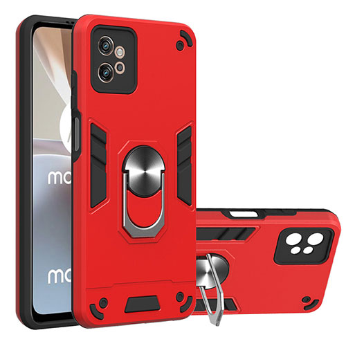 Silicone Matte Finish and Plastic Back Cover Case with Magnetic Finger Ring Stand YB1 for Motorola Moto G32 Red