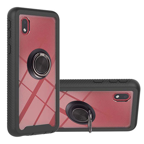 Silicone Matte Finish and Plastic Back Cover Case with Magnetic Finger Ring Stand YB1 for Samsung Galaxy A01 Core Black