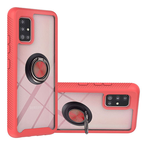 Silicone Matte Finish and Plastic Back Cover Case with Magnetic Finger Ring Stand YB1 for Samsung Galaxy A51 5G Red