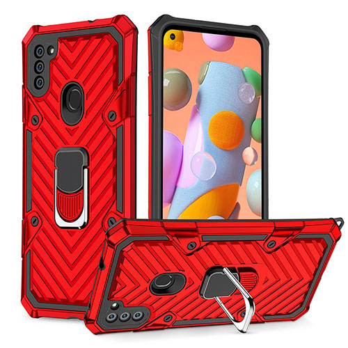 Silicone Matte Finish and Plastic Back Cover Case with Magnetic Finger Ring Stand YF1 for Samsung Galaxy A11 Red