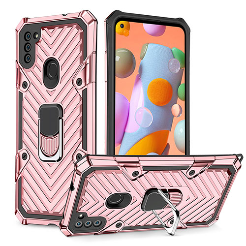 Silicone Matte Finish and Plastic Back Cover Case with Magnetic Finger Ring Stand YF1 for Samsung Galaxy A11 Rose Gold