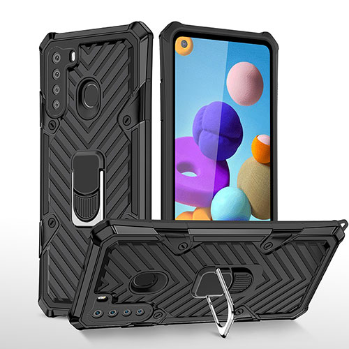 Silicone Matte Finish and Plastic Back Cover Case with Magnetic Finger Ring Stand YF1 for Samsung Galaxy A21 Black