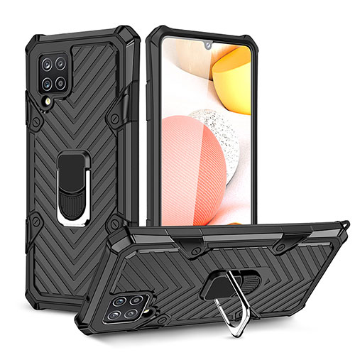 Silicone Matte Finish and Plastic Back Cover Case with Magnetic Finger Ring Stand YF1 for Samsung Galaxy A42 5G Black