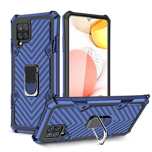Silicone Matte Finish and Plastic Back Cover Case with Magnetic Finger Ring Stand YF1 for Samsung Galaxy A42 5G Blue