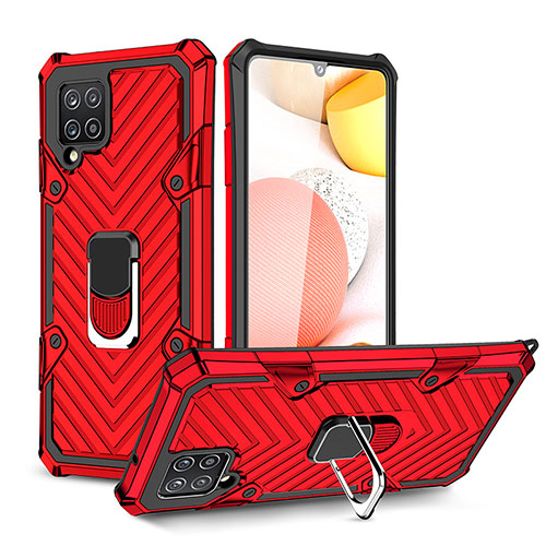 Silicone Matte Finish and Plastic Back Cover Case with Magnetic Finger Ring Stand YF1 for Samsung Galaxy A42 5G Red