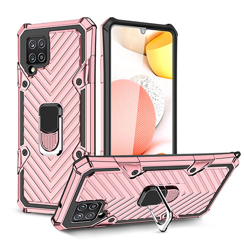 Silicone Matte Finish and Plastic Back Cover Case with Magnetic Finger Ring Stand YF1 for Samsung Galaxy A42 5G Rose Gold