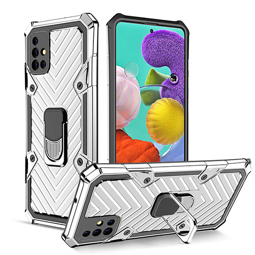 Silicone Matte Finish and Plastic Back Cover Case with Magnetic Finger Ring Stand YF1 for Samsung Galaxy A51 4G Silver