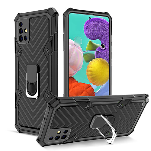 Silicone Matte Finish and Plastic Back Cover Case with Magnetic Finger Ring Stand YF1 for Samsung Galaxy A51 5G Black