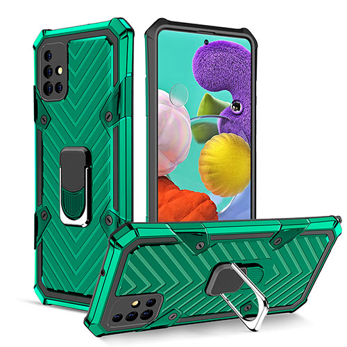 Silicone Matte Finish and Plastic Back Cover Case with Magnetic Finger Ring Stand YF1 for Samsung Galaxy A51 5G Green
