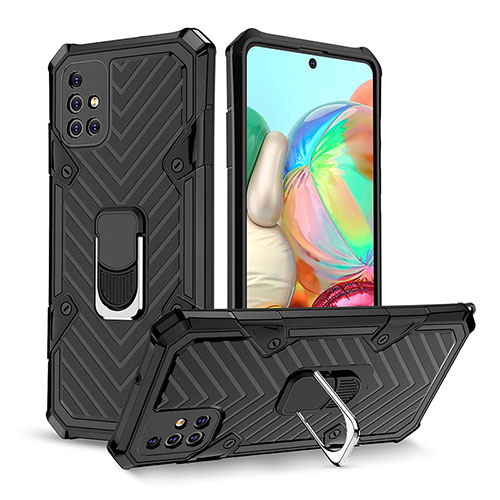 Silicone Matte Finish and Plastic Back Cover Case with Magnetic Finger Ring Stand YF1 for Samsung Galaxy A71 4G A715 Black