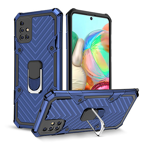 Silicone Matte Finish and Plastic Back Cover Case with Magnetic Finger Ring Stand YF1 for Samsung Galaxy A71 5G Blue