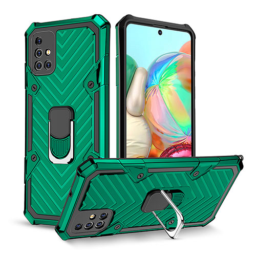 Silicone Matte Finish and Plastic Back Cover Case with Magnetic Finger Ring Stand YF1 for Samsung Galaxy A71 5G Green