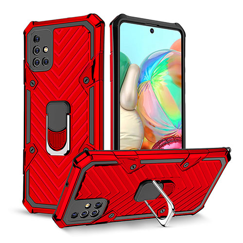 Silicone Matte Finish and Plastic Back Cover Case with Magnetic Finger Ring Stand YF1 for Samsung Galaxy A71 5G Red