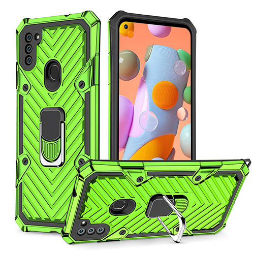 Silicone Matte Finish and Plastic Back Cover Case with Magnetic Finger Ring Stand YF1 for Samsung Galaxy M11 Matcha Green