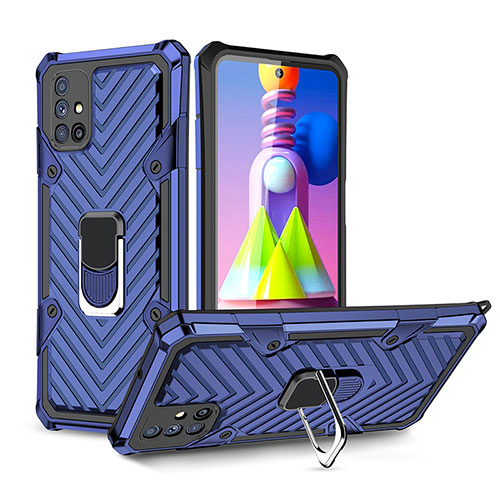 Silicone Matte Finish and Plastic Back Cover Case with Magnetic Finger Ring Stand YF1 for Samsung Galaxy M51 Blue
