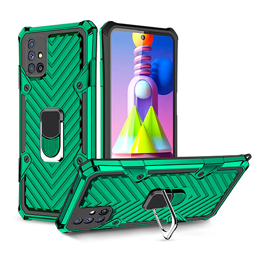 Silicone Matte Finish and Plastic Back Cover Case with Magnetic Finger Ring Stand YF1 for Samsung Galaxy M51 Green