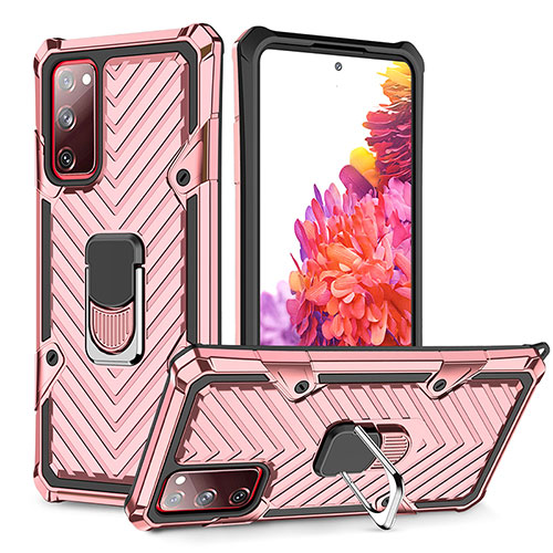 Silicone Matte Finish and Plastic Back Cover Case with Magnetic Finger Ring Stand YF1 for Samsung Galaxy S20 FE (2022) 5G Rose Gold